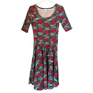 Lularoe Women's Dress Size S Teal Rose Cherries Print Nicole